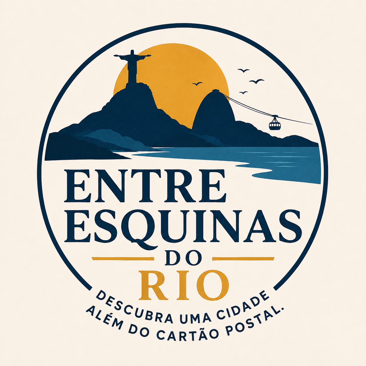Logo do blog Entre Esquinas do Rio, com Cristo Redentor, Pão de Açúcar e pôr do sol.
